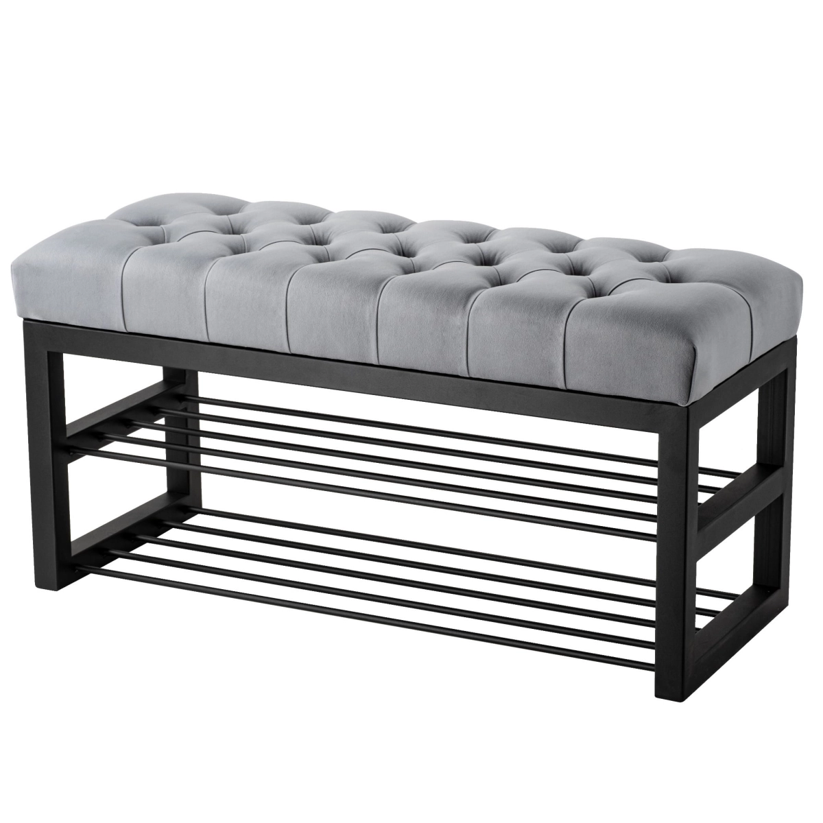 industrial quilted bench with metal shelves