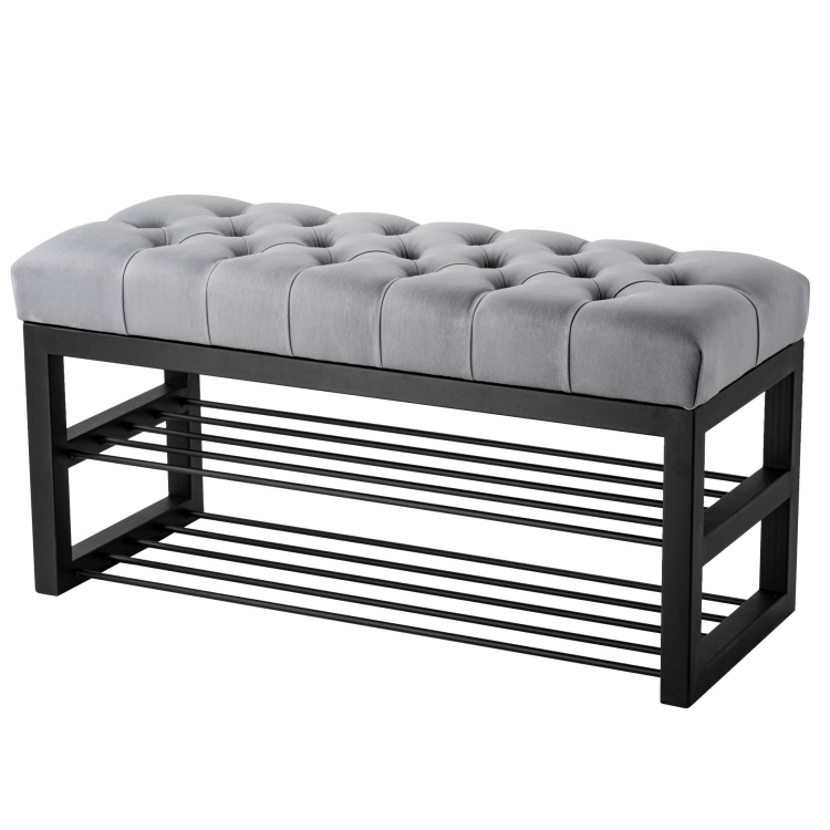 industrial quilted bench with metal shelves