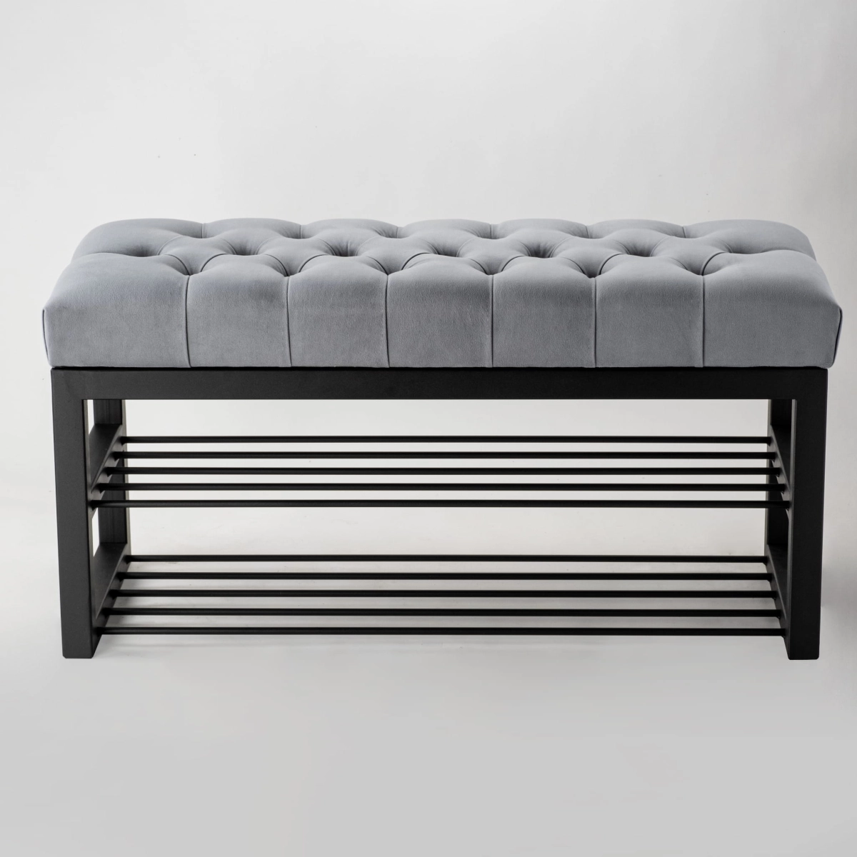 loft bench with quilted seat and metal shelves