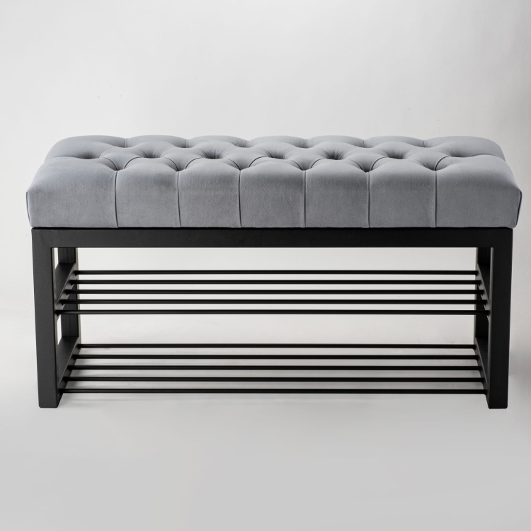 loft bench with quilted seat and metal shelves