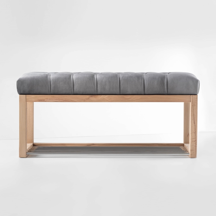 Bench with quilted seat in grey and wooden structure
