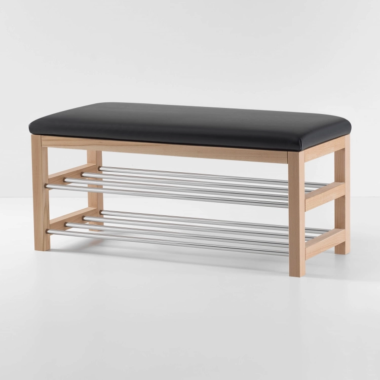 Stylish hall bench with black upholstery, wooden frame and metal crossbars for shoes