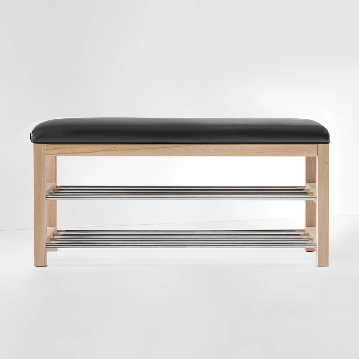 Scandinavian style upholstered bench - black seat, light wood and chrome shoe shelf