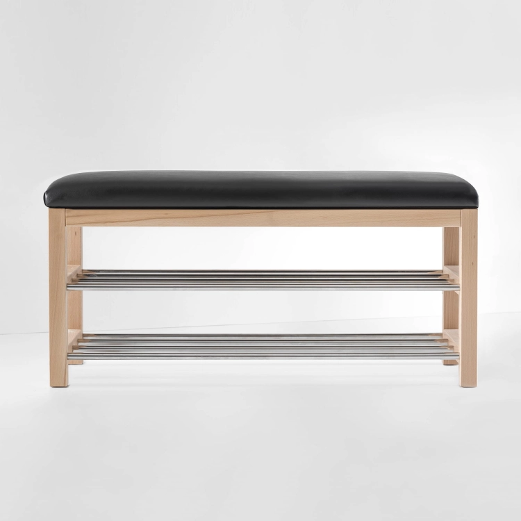 Scandinavian style upholstered bench - black seat, light wood and chrome shoe shelf