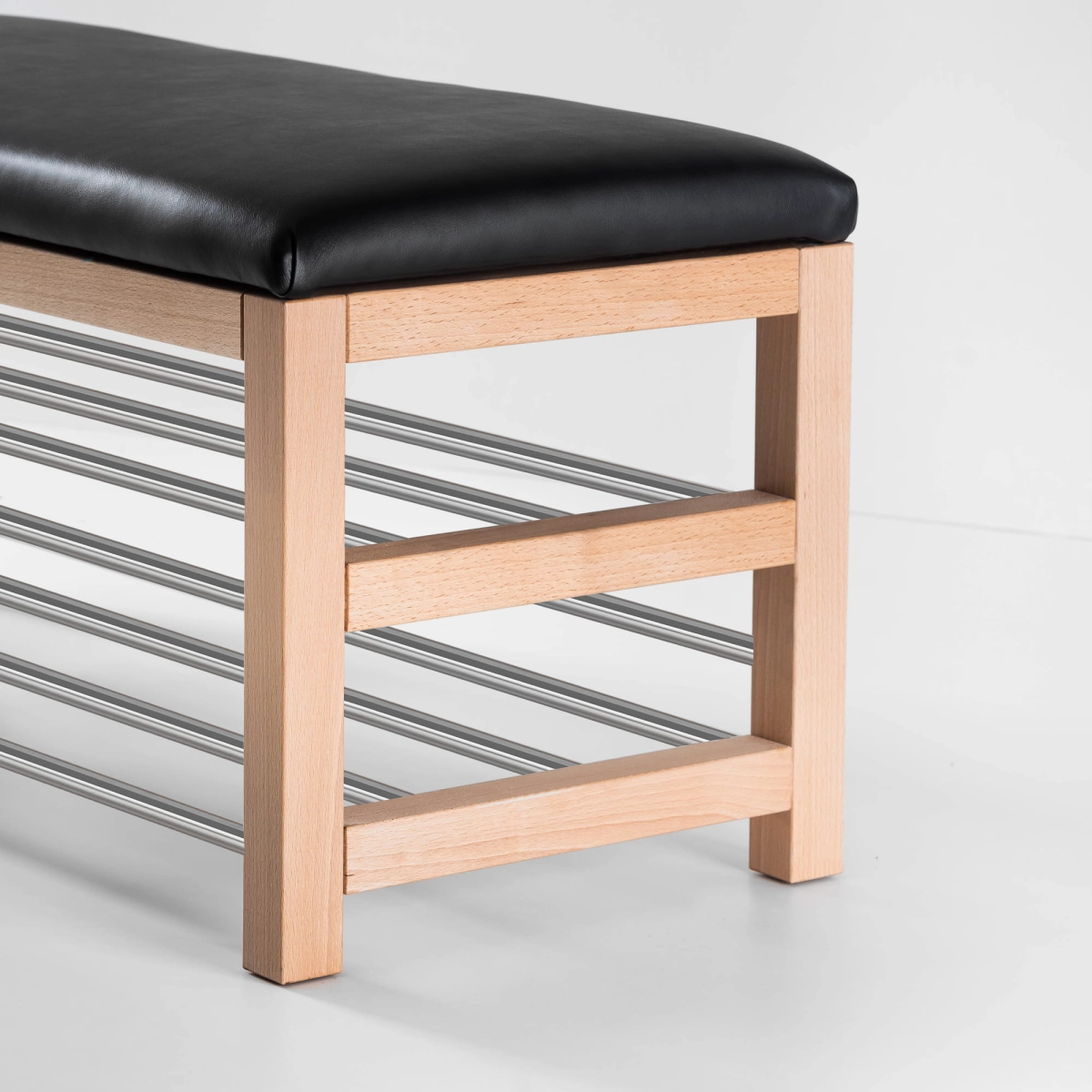 Minimalist bench with shoe shelf - black seat, light wood, steel tubes