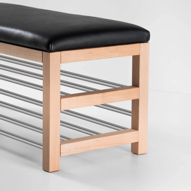 Minimalist bench with shoe shelf - black seat, light wood, steel tubes