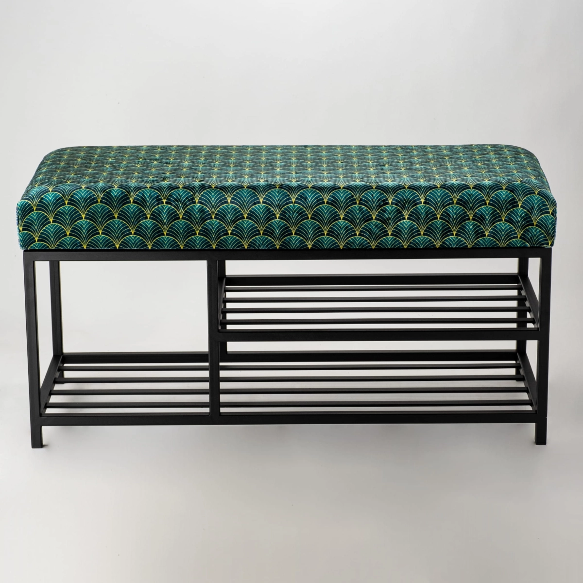 Industrial bench with metal shelves