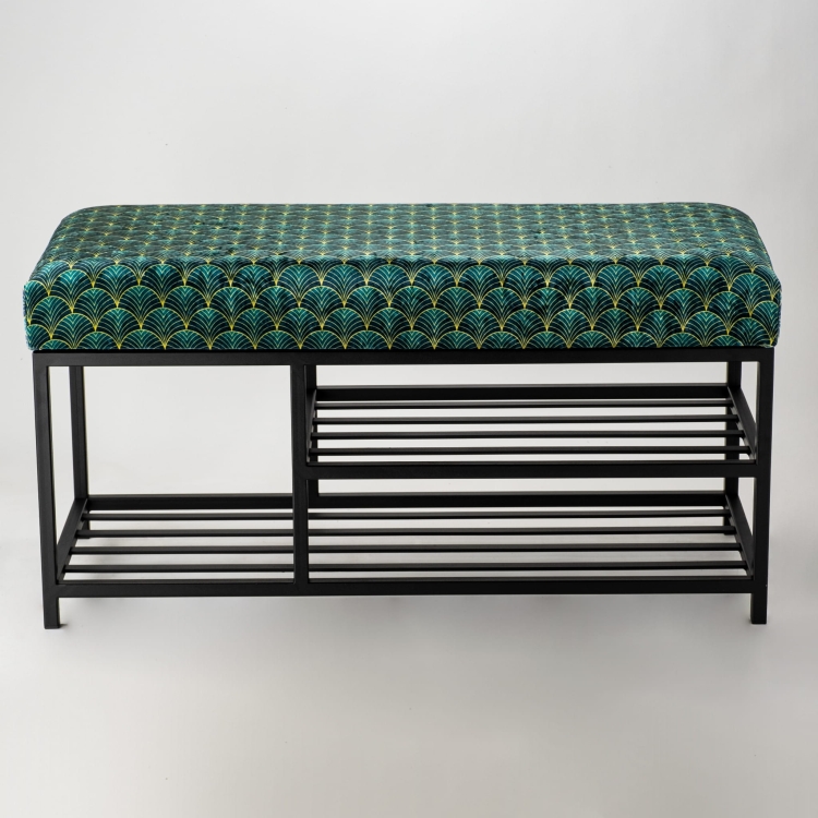 Industrial bench with metal shelves