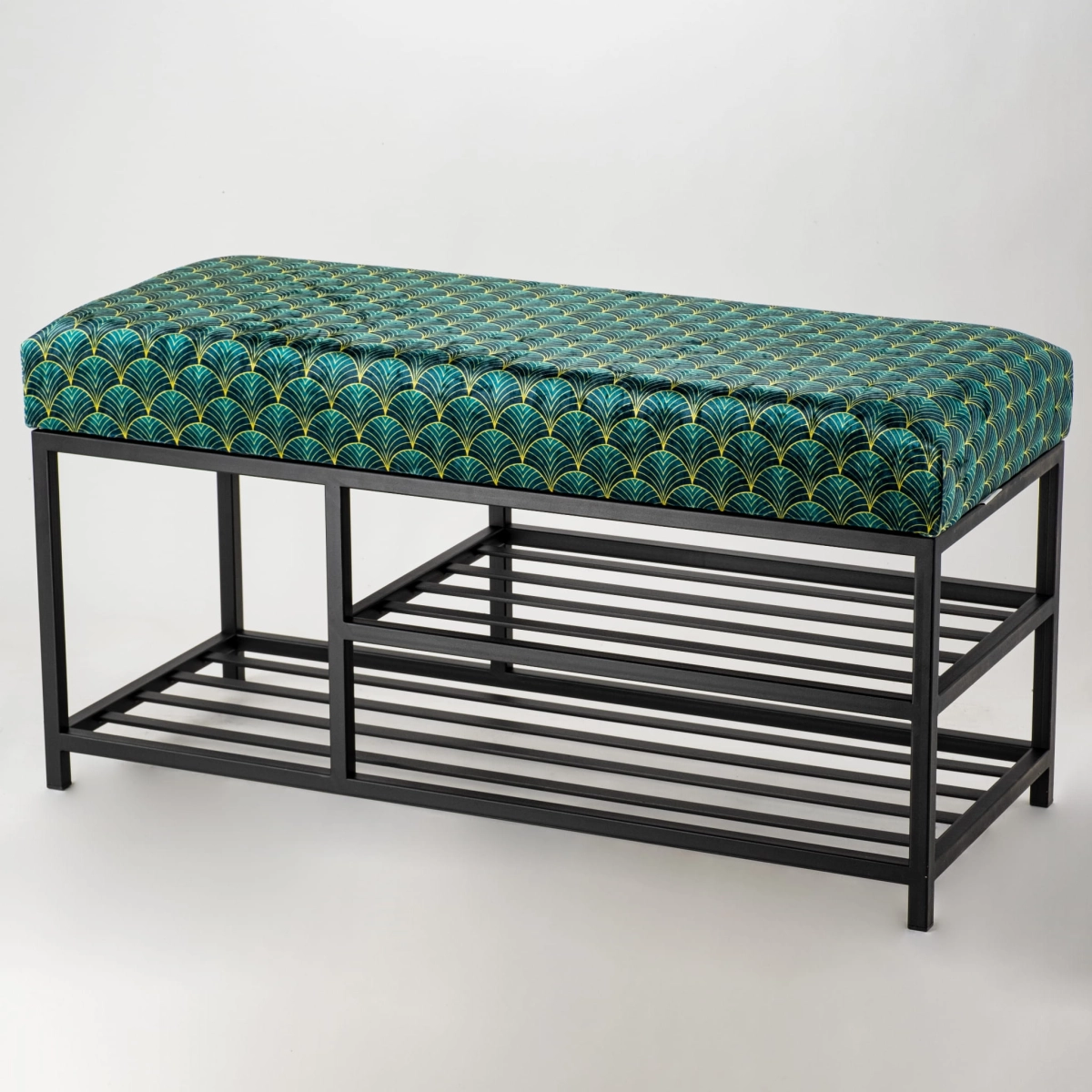 Upholstered loft-style bench on a metal base