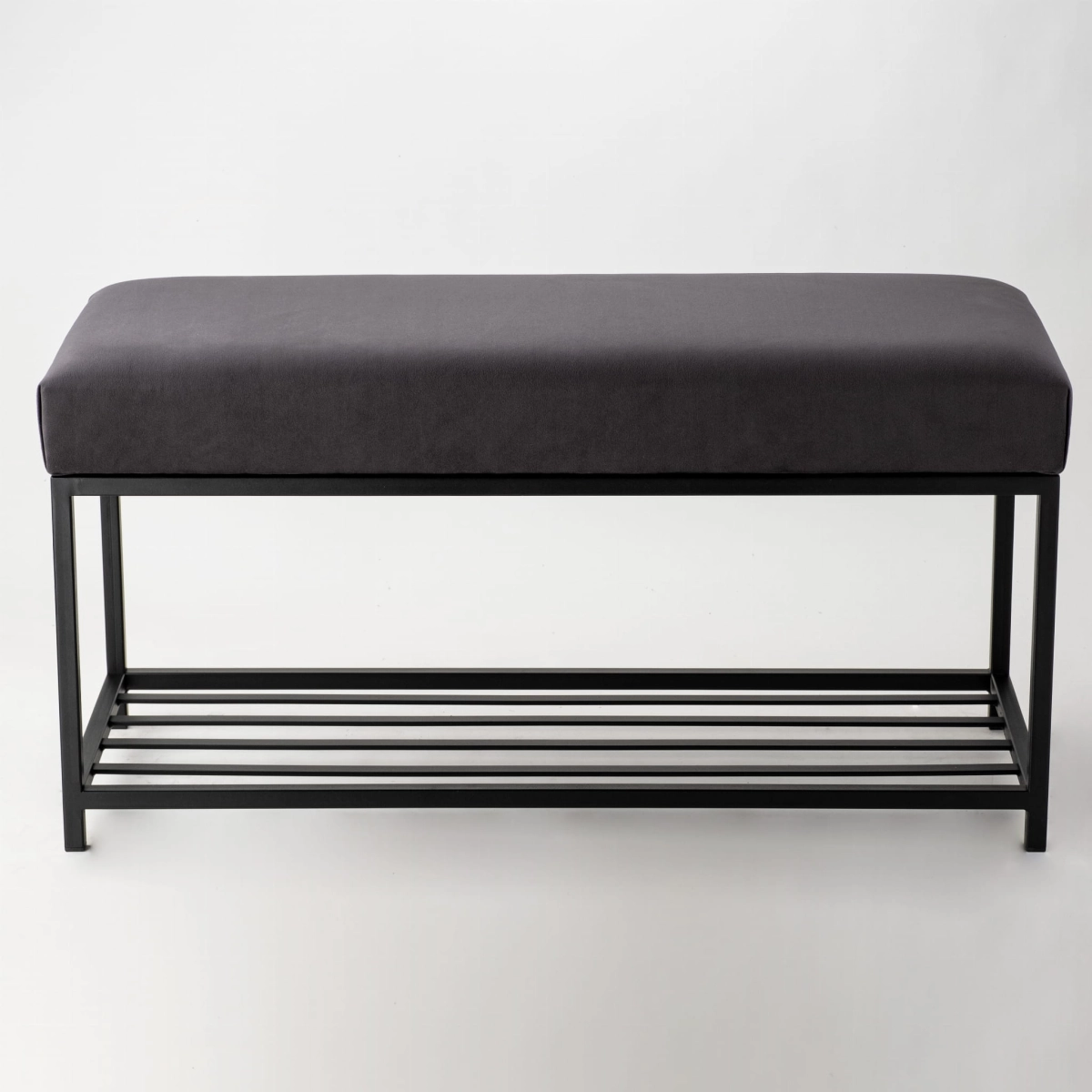 Graphite bench with upholstered seat and lower shoe shelf