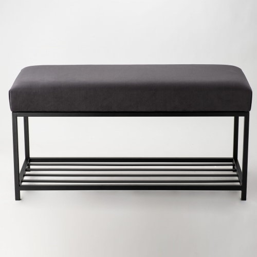 Graphite bench with upholstered seat and lower shoe shelf
