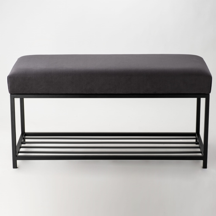 Graphite bench with upholstered seat and lower shoe shelf