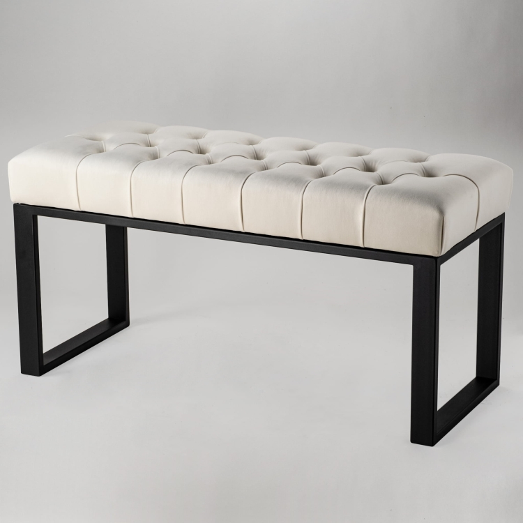 White industrial quilted bench on metal legs