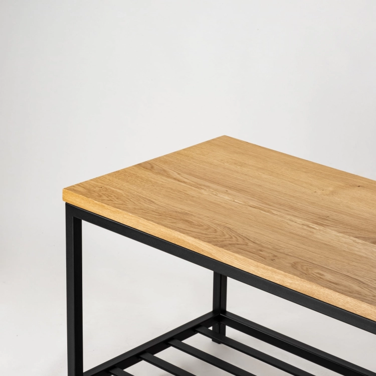 Metal bench with shoe shelf and wooden top, ideal for loft interiors