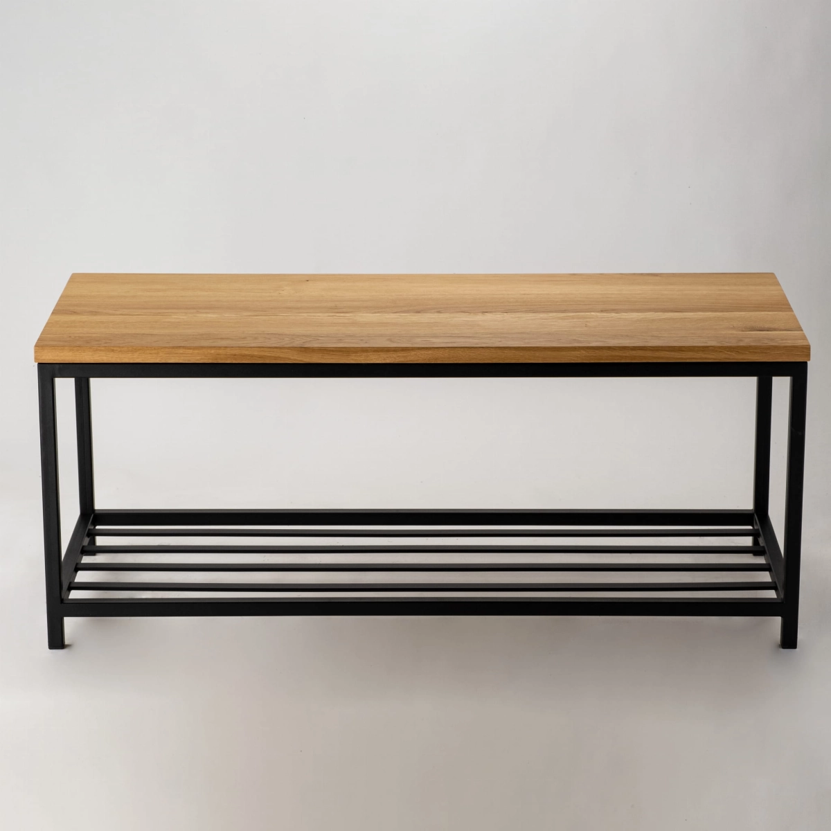 Industrial bench with wooden top and metal shelf