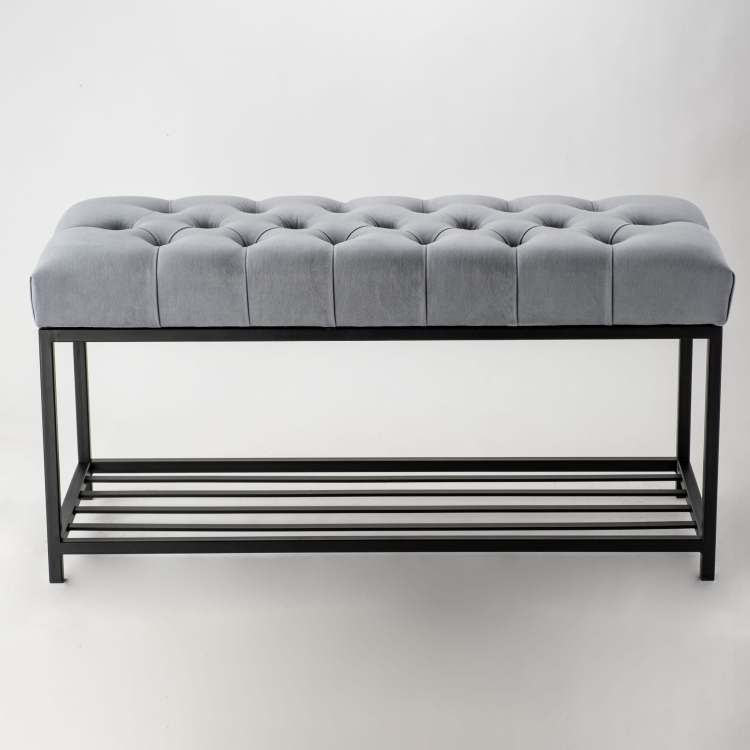 Industrial quilted bench in grey with metal shelf