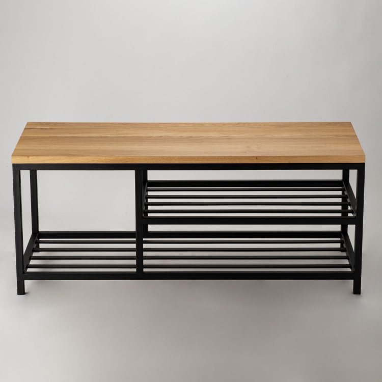 Loft-style bench with wooden top and steel base