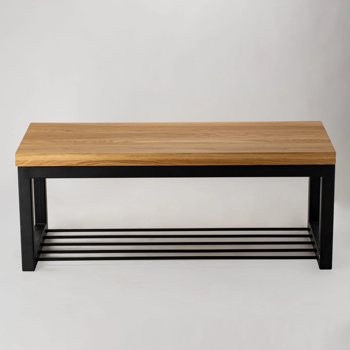 Industrial bench with wooden top and metal shelf