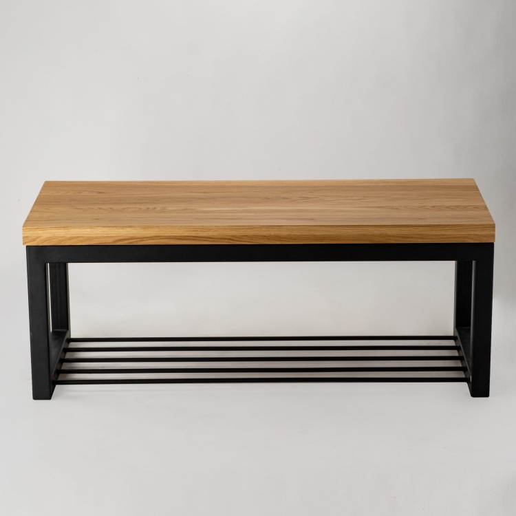 Industrial bench with wooden top and metal shelf