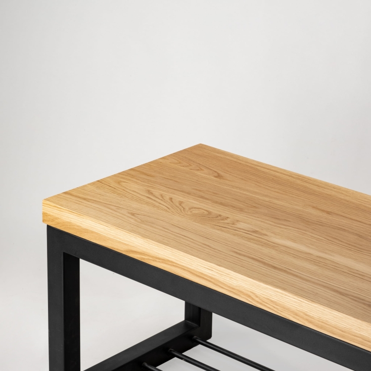 Metal bench with shoe shelf and wooden top, ideal for loft interiors