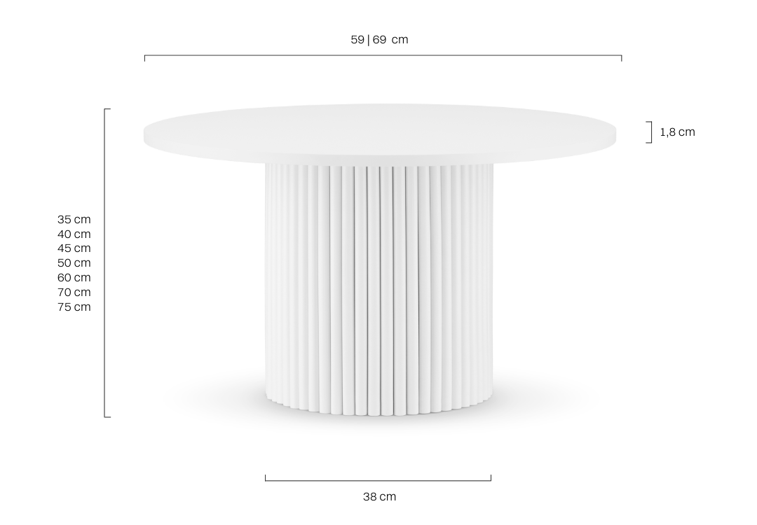 Round white coffee table with decorative grooved leg for bright, spacious interiors