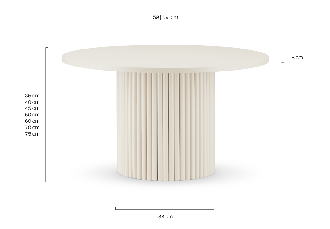 beige round coffee table with grooved base