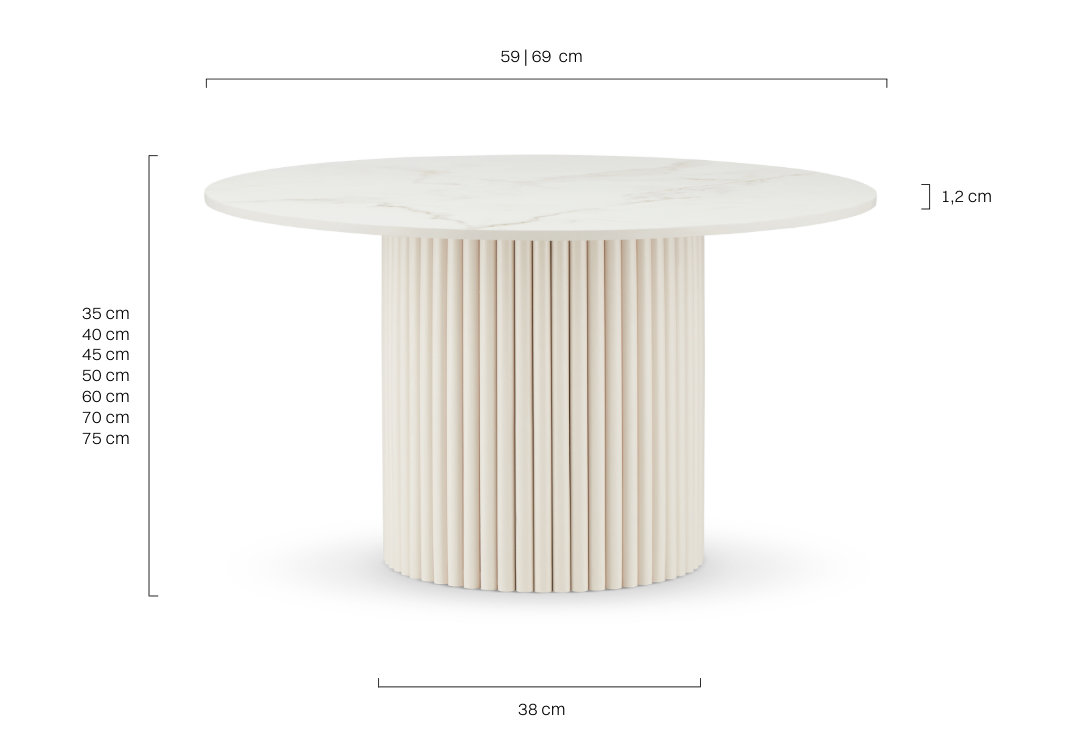 White round table with a stone top and an original grooved base