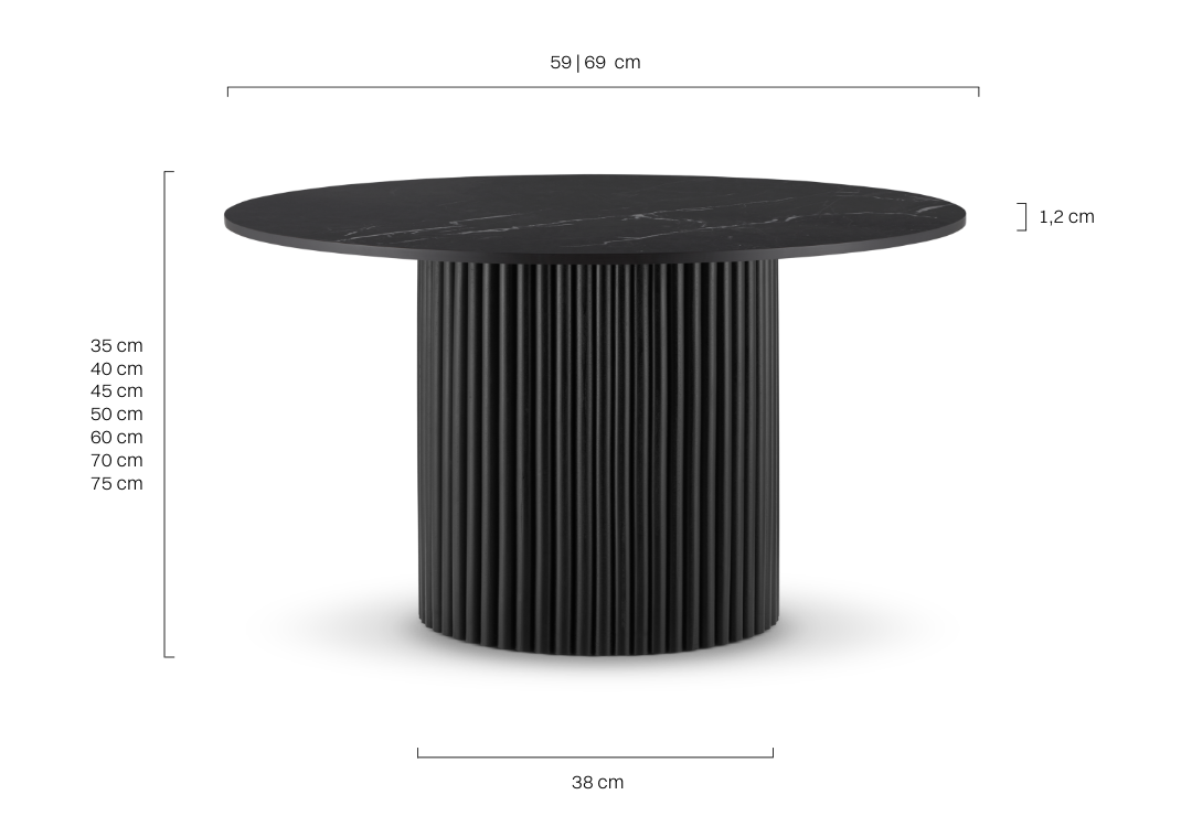 Stylish black table with stone top and grooved base for an elegant interior