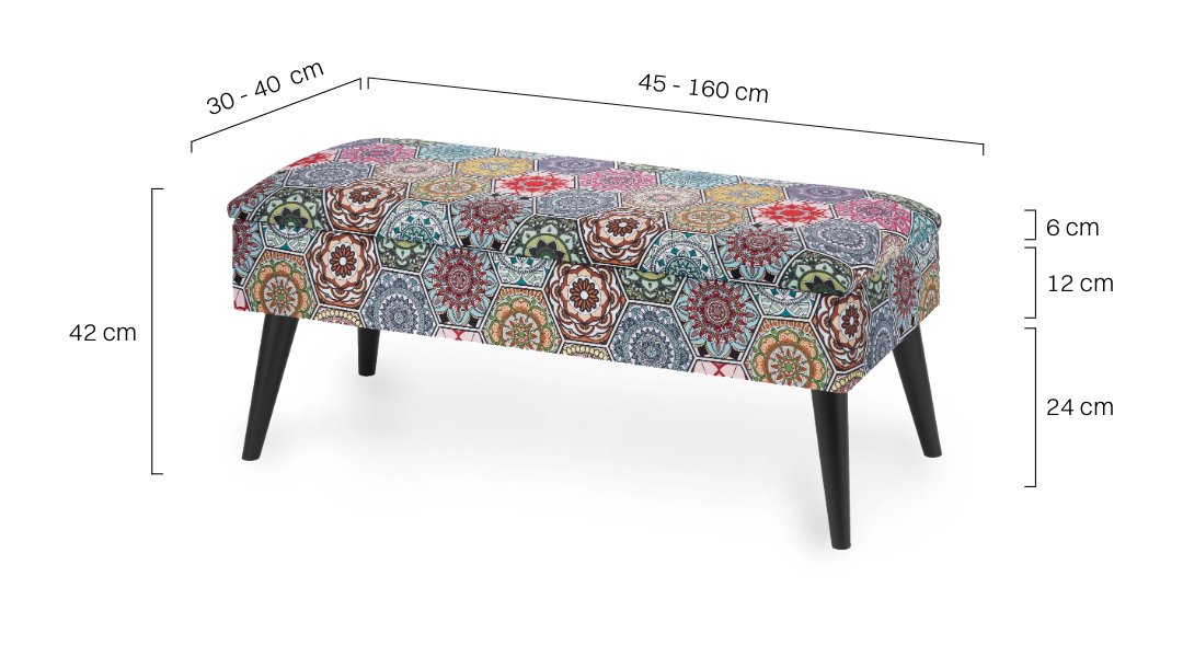 patterned upholstered storage pouffe with black legs