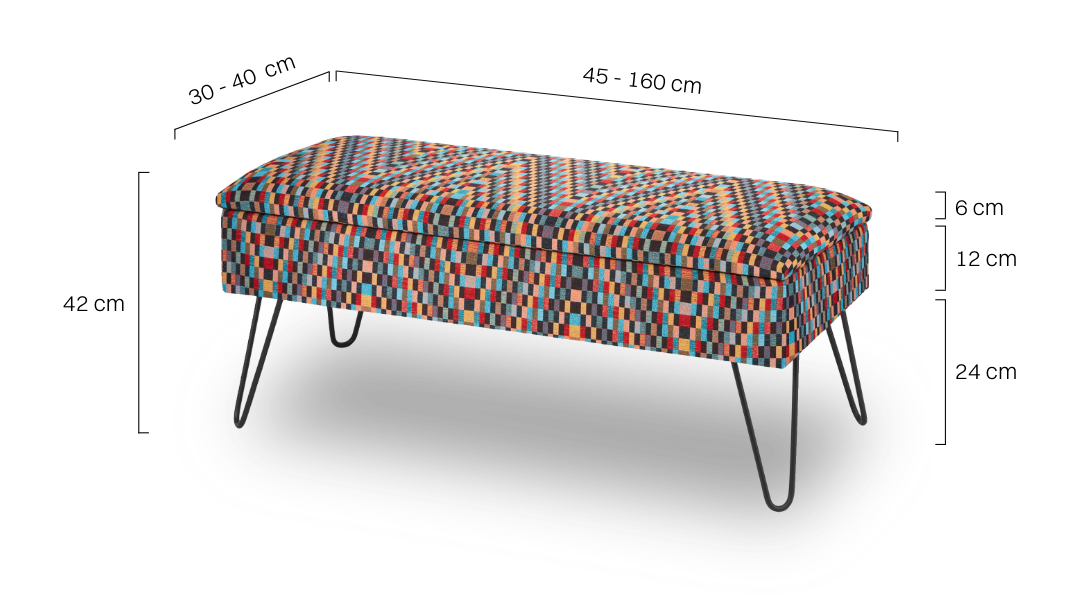 Colourful pouffe with storage and pin legs
