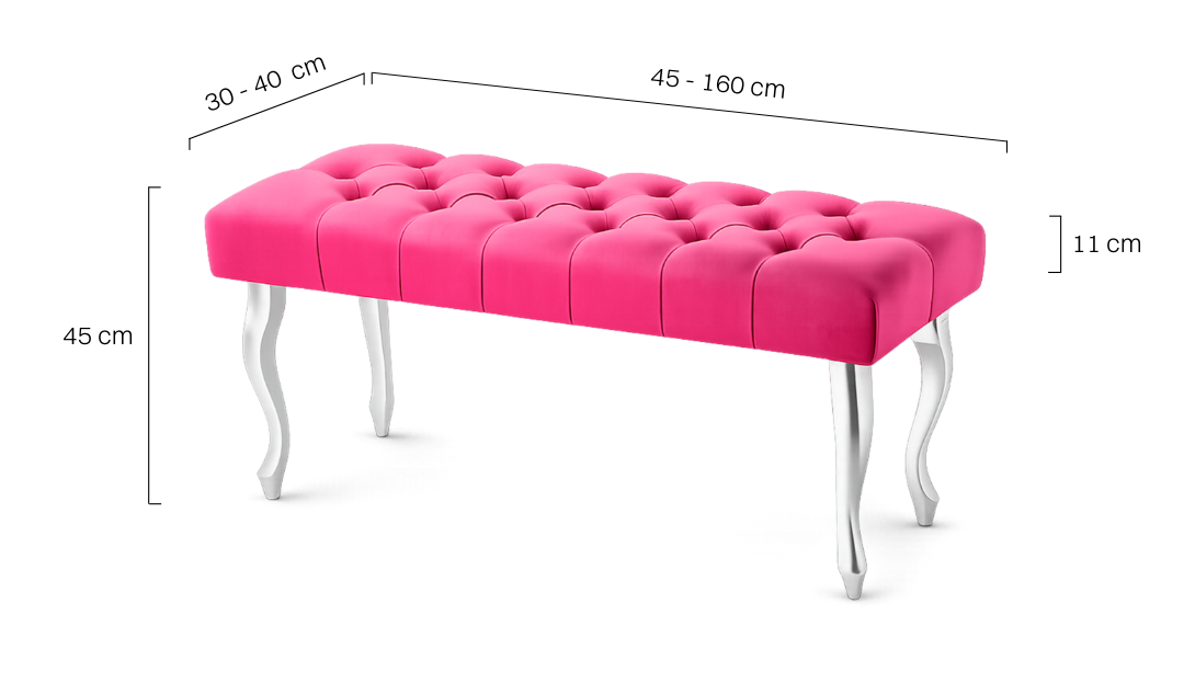 An elegant, quilted bench in an intense fuchsia color with silver legs.