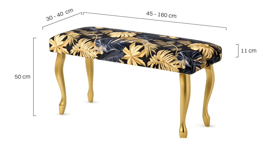 Patterned upholstered bench with gold legs