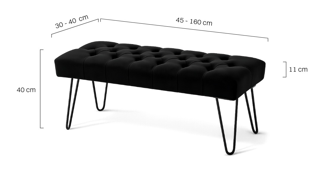 Stylish black tufted bench with metal pin legs