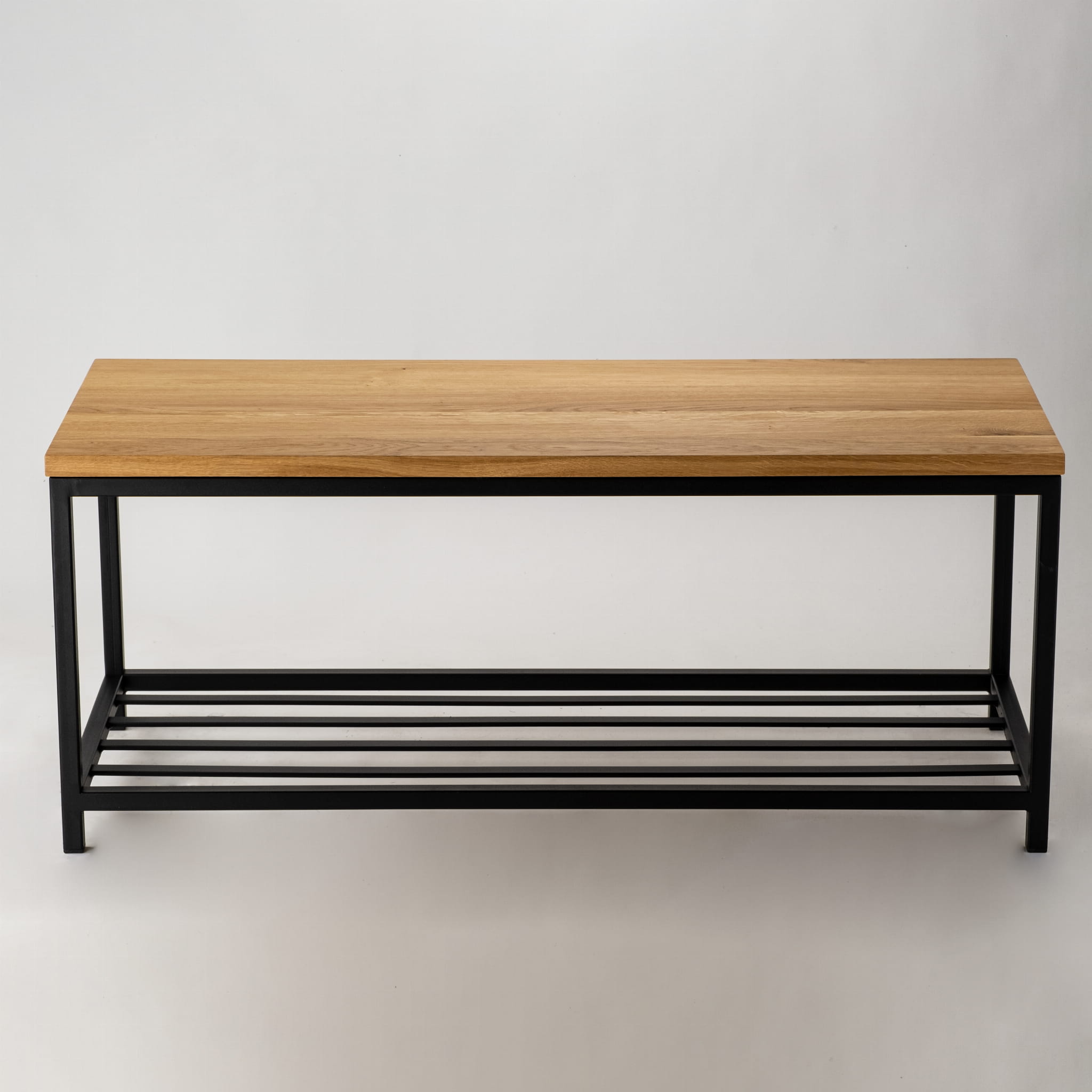 Industrial bench with wooden top and metal shelf